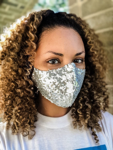 4 Layer Silver Sequined Cotton Lined Glam Face Masks with removable nose wire and Filter Pocket