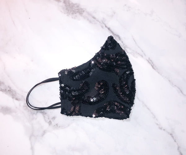 4 Layer Black Floral Design Sequin Glam Face Masks with removable nose wire and Filter Pocket, Black Sequin Mask, Sparkling Mask, Fancy Mask