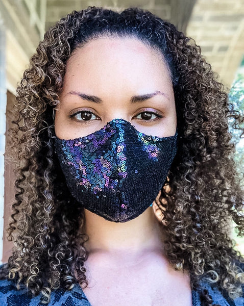 4 Layer Black and Purple Iridescent Sequin Glam Face Masks with removable nose wire and Filter Pocket, Black Sequin Mask, Black mask
