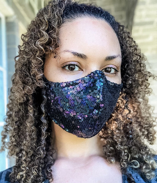 4 Layer Black and Purple Iridescent Sequin Glam Face Masks with removable nose wire and Filter Pocket, Black Sequin Mask, Black mask