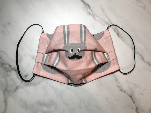 100% Cotton 2 Layer Pink Hipster Bunny Print Pleated Face Masks with Self Tying Elastic Ear loops