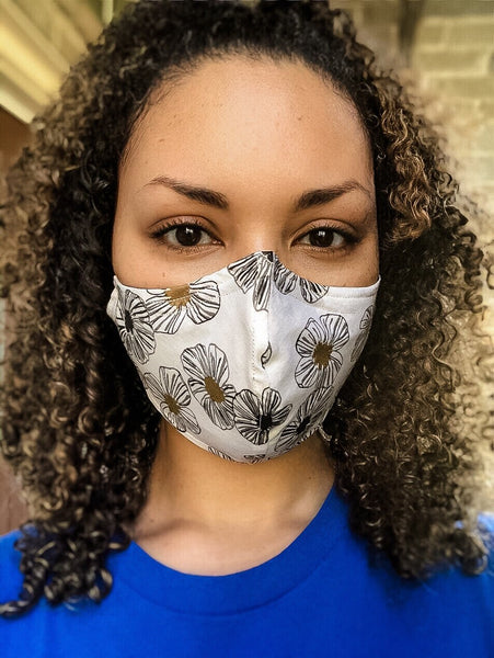 100% Cotton 3 Layer Metallic Gold Center Black and White Floral Print Face Masks with removable nose wire and Filter Pocket