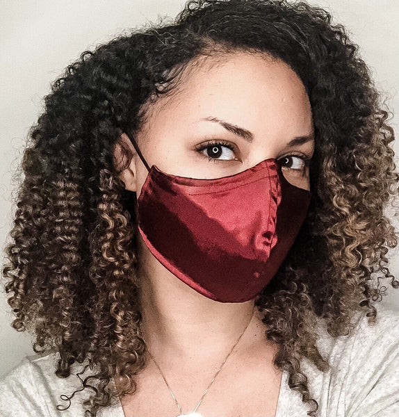 Wine Satin 3 Layer Cotton Lined Face Masks with removable nose wire and Filter Pocket