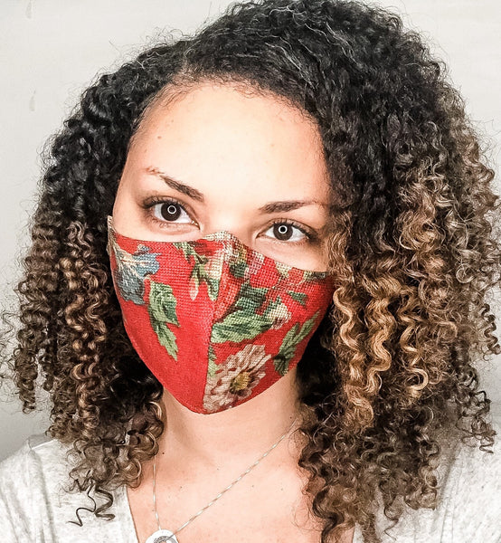 Linen 3 Layer Red Orange Floral Print Face Masks with removable nose wire and Filter Pocket, Face mask, Natural Mask, Fashion Mask