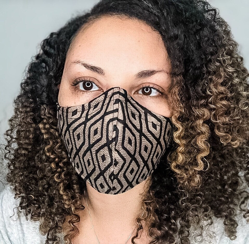100% Cotton 3 Gold and Black Geometric Print Face Masks with removable nose wire and Filter Pocket