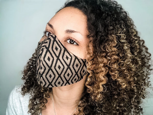 100% Cotton 3 Gold and Black Geometric Print Face Masks with removable nose wire and Filter Pocket