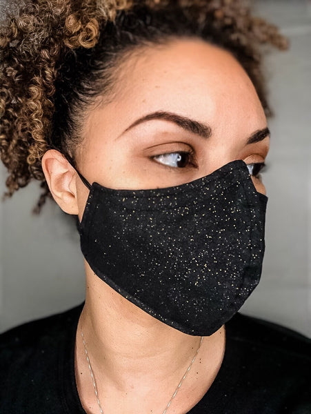 100% Cotton 3 Layer Glittery Gold Metallic Sparkling Black Face Masks with removable nose wire and Filter Pocket