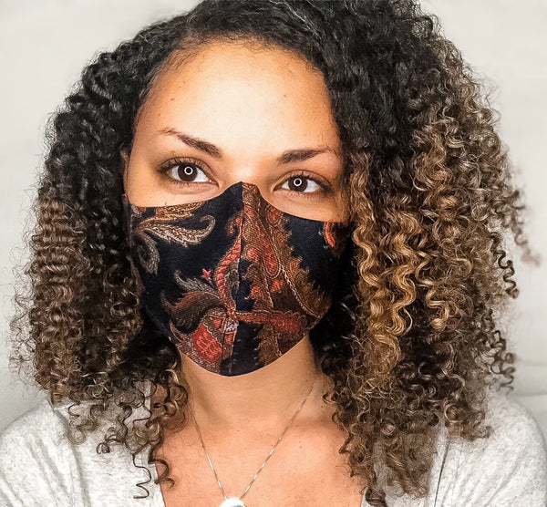 100% Linen 3 Layer Navy Blue Paisley Print Face Masks with removable nose wire and Filter Pocket, Face mask, Dark Colored Mask, Fashion Mask