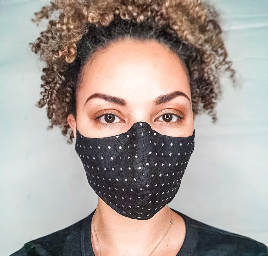 100% Cotton 3 Layer Gold Metallic Square Dotted Black Face Masks with removable nose wire and Filter Pocket