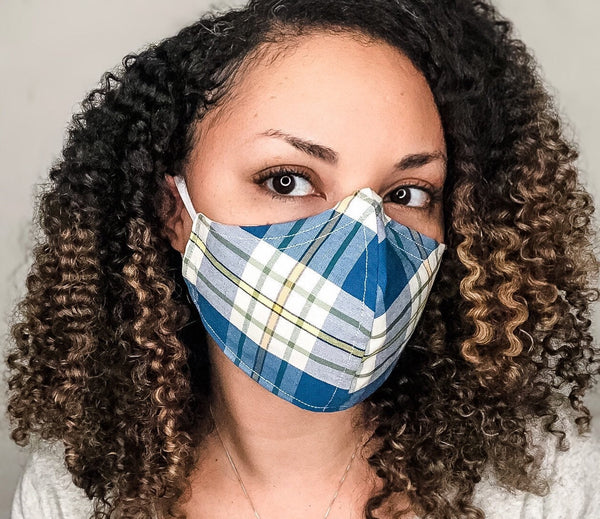 100% Cotton 3 Layer Blue Plaid Face Masks with removable nose wire and Filter Pocket