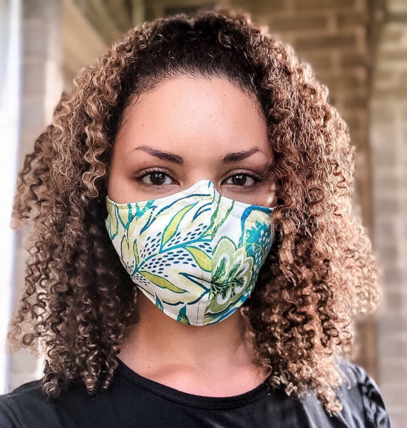 100% Cotton 3 Layer Teal and Lime Floral Print Face Masks with removable nose wire and Filter Pocket, Face mask, Fashion Face covering