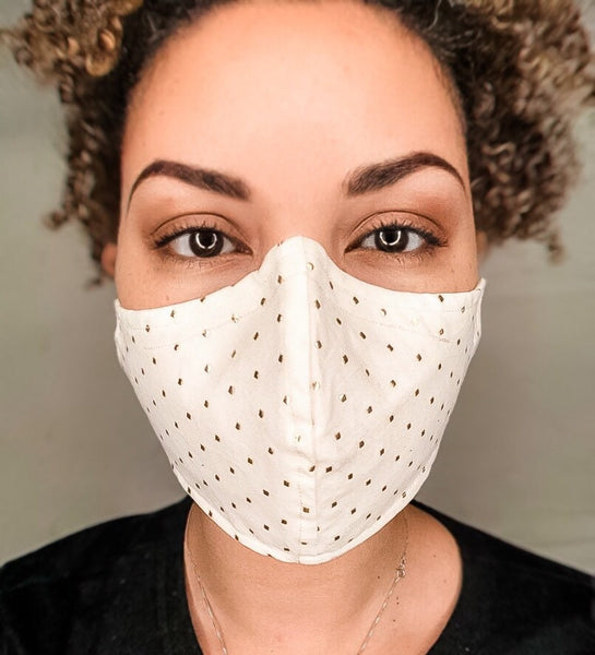 100% Cotton 3 Layer Gold Metallic Square Dot Print Ivory Face Masks with removable nose wire and Filter Pocket