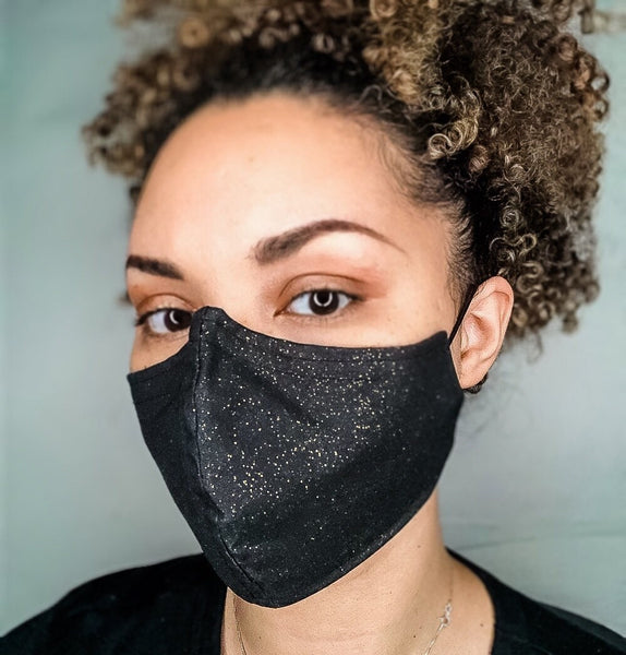 100% Cotton 3 Layer Glittery Gold Metallic Sparkling Black Face Masks with removable nose wire and Filter Pocket