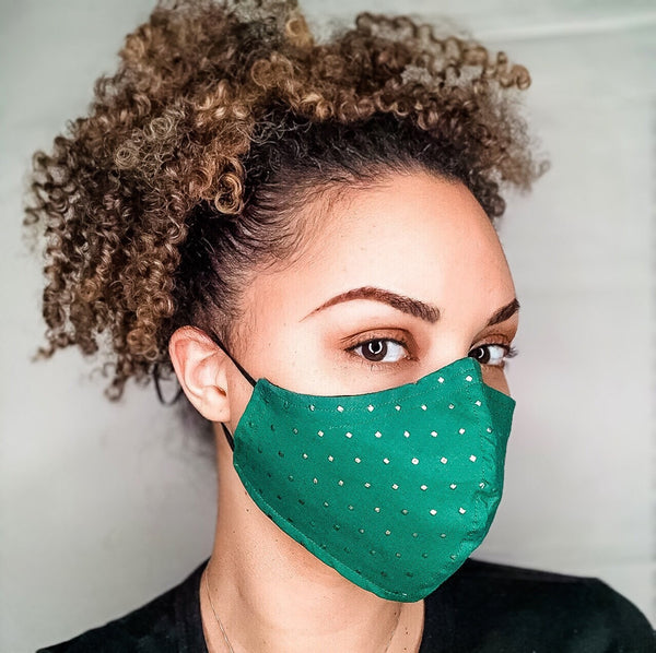 100% Cotton 3 Layer Gold Square dotted Green Face Masks with removable nose wire and Filter Pocket