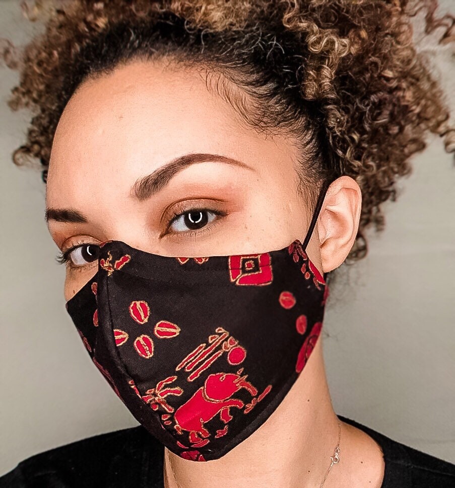 100% Cotton 3 Layer Black African Elephant Print Face Masks with removable nose wire and Filter Pocket