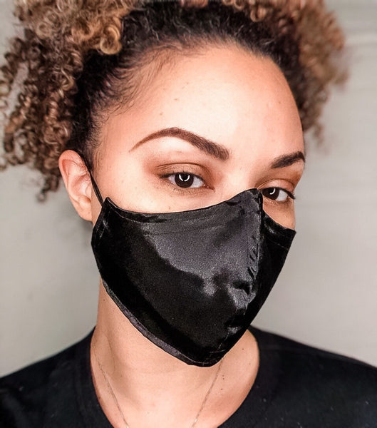 Black Satin 3 Layer Cotton Lined Face Masks with removable nose wire and Filter Pocket, Filter Pocket, Satin Face Mask, Gifts