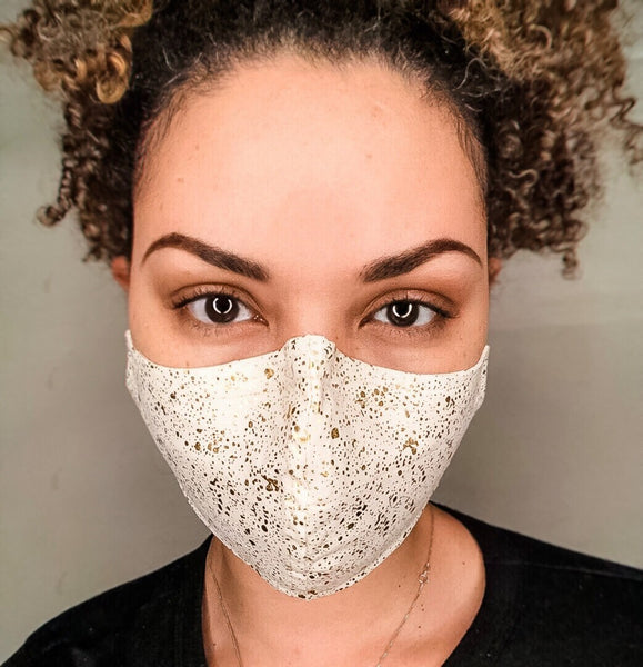 100% Cotton 3 Layer Gold Metallic Splatter Print Ivory Face Masks with removable nose wire and Filter Pocket