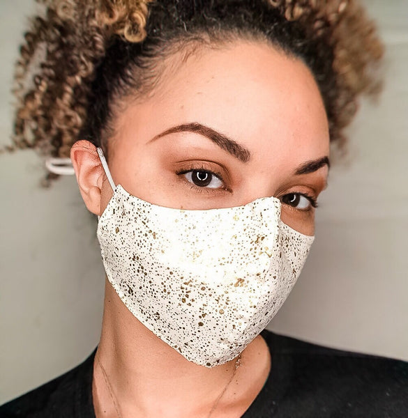 100% Cotton 3 Layer Gold Metallic Splatter Print Ivory Face Masks with removable nose wire and Filter Pocket