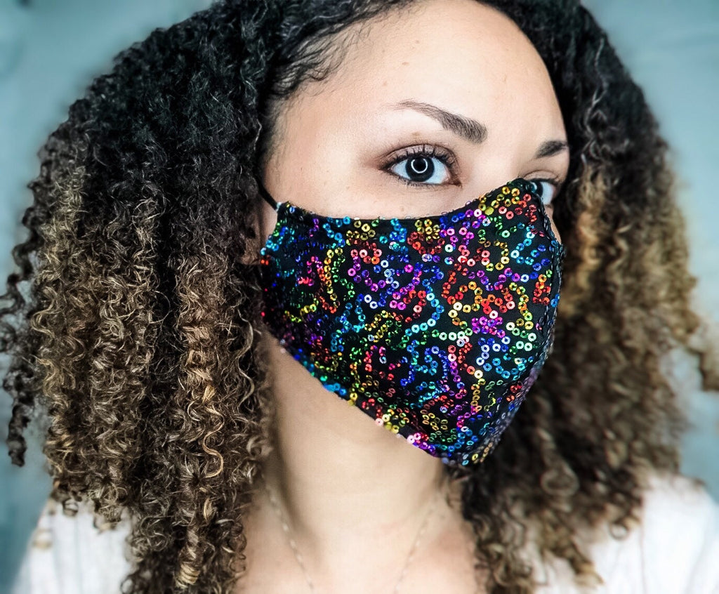 4 Layer Rainbow Sequin Glam Face Masks with removable nose wire and Filter Pocket