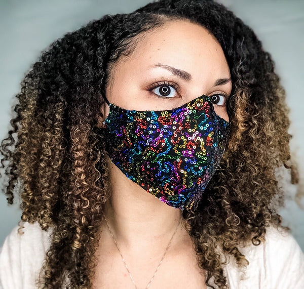 4 Layer Rainbow Sequin Glam Face Masks with removable nose wire and Filter Pocket