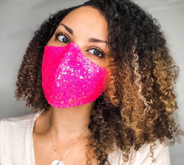 4 Layer Neon Hot Pink Sequin Cotton Lined Glam Face Masks with removable nose wire and Filter Pocket, Neon Pink Mask, Pink Sequin Mask, mask