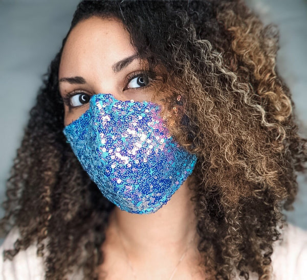 4 Layer Aqua and Purple Iridescent Sequin Cotton Lined Glam Face Masks with removable nose wire and Filter Pocket, Sequin Face Mask