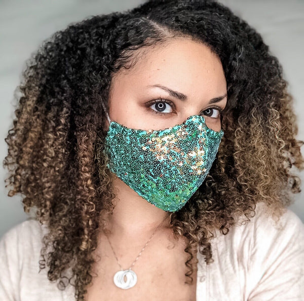 4 Layer Aqua and Gold Iridescent Sequin Cotton Lined Glam Face Masks with removable nose wire and Filter Pocket, Sequin Face Mask