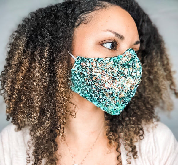 4 Layer Aqua and Gold Iridescent Sequin Cotton Lined Glam Face Masks with removable nose wire and Filter Pocket, Sequin Face Mask