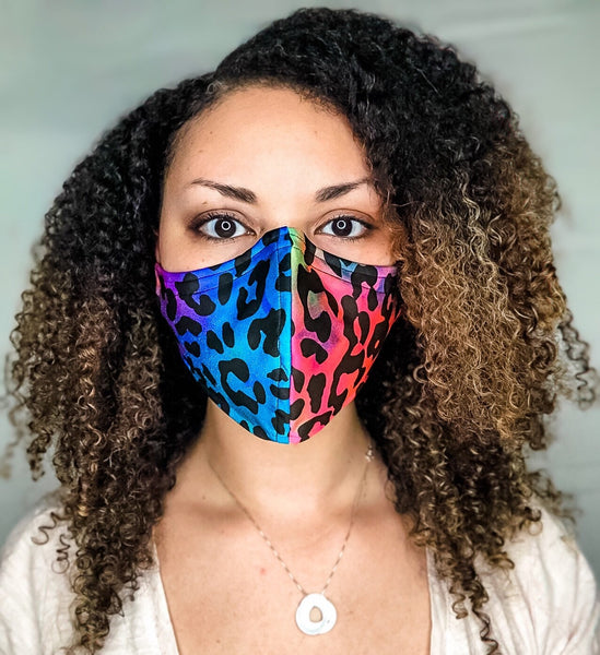 Neon Pink and Blue Tie Dye Cheetah Print 3 Layer Face Masks with removable nose wire and Filter Pocket, Cheetah Print Mask, Glam Mask