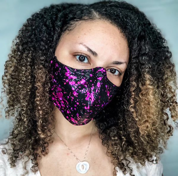 Pink Foil Metallic Paint Splatter Print 3 Layer Face Masks with removable nose wire and Filter Pocket, Paint Splatter Mask, Unique Mask