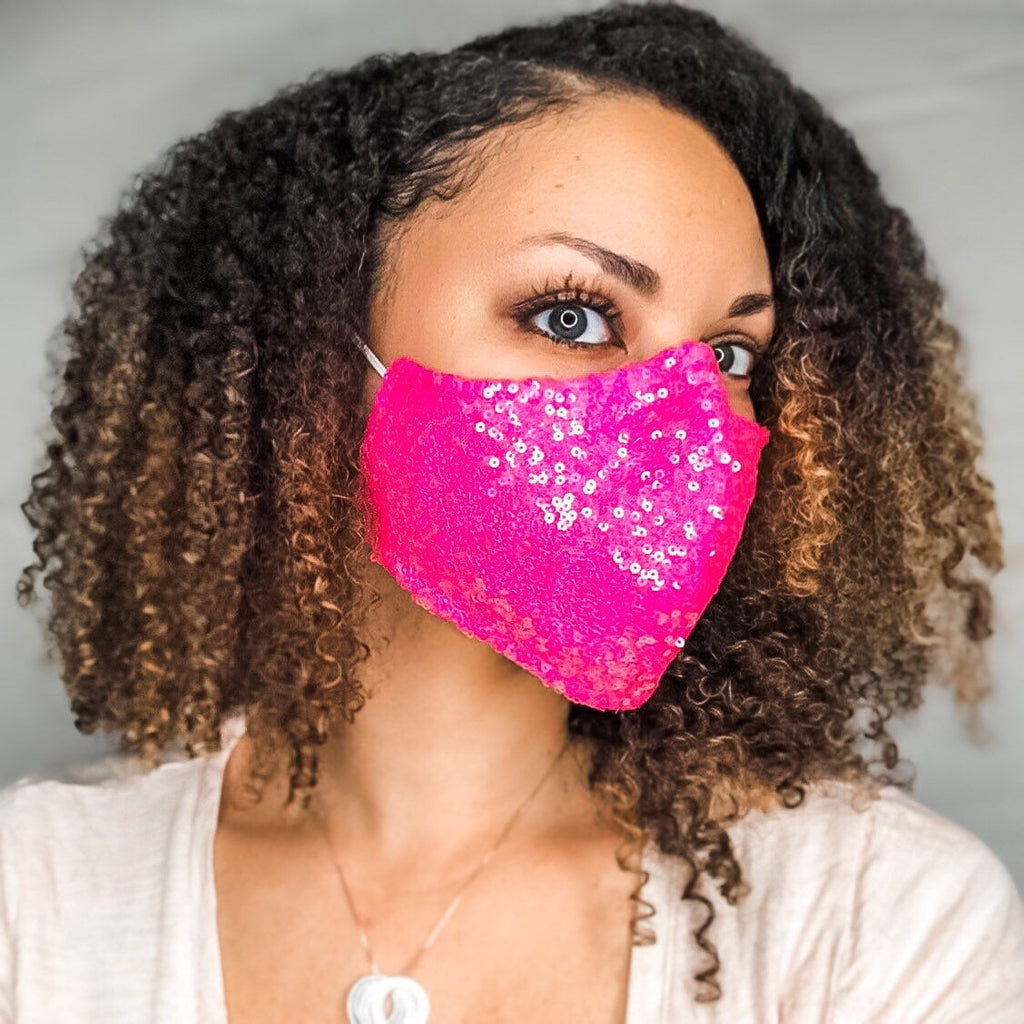 4 Layer Neon Hot Pink Sequin Cotton Lined Glam Face Masks with removable nose wire and Filter Pocket, Neon Pink Mask, Pink Sequin Mask, mask