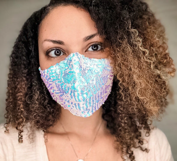 4 Layer Ice Queen Sequin Cotton Lined Glam Face Masks with removable nose wire and Filter Pocket, Elsa sequin mask, Frozen Sequin Mask