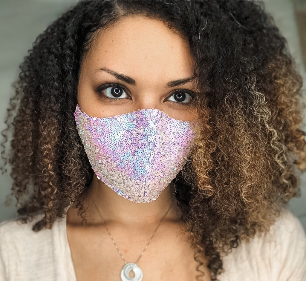4 Layer Lavender Iridescent Sequin Cotton Lined Glam Face Masks with removable nose wire and Filter Pocket, Sequin Face Mask, Glam Mask