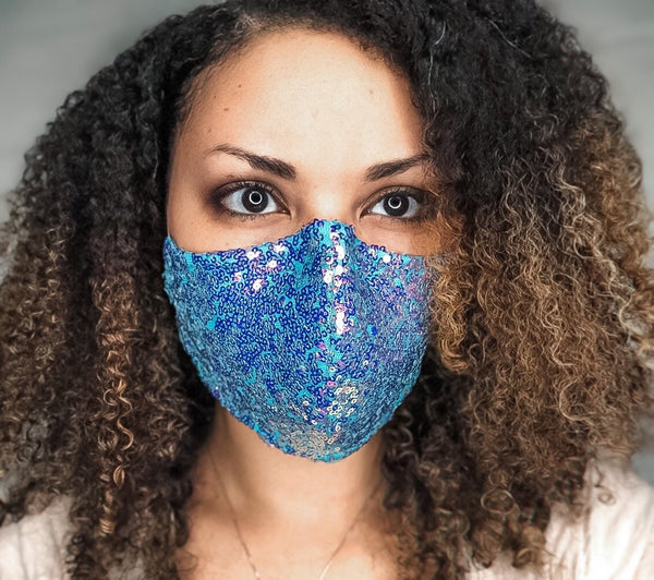 4 Layer Aqua and Purple Iridescent Sequin Cotton Lined Glam Face Masks with removable nose wire and Filter Pocket, Sequin Face Mask