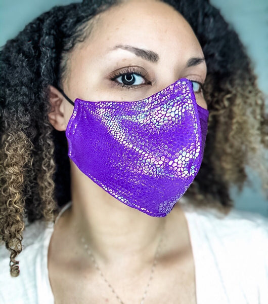 Purple Dragon Iridescent Scales Print 3 Layer Face Masks with removable nose wire and Filter Pocket, Fashion Mask, Snake print mask