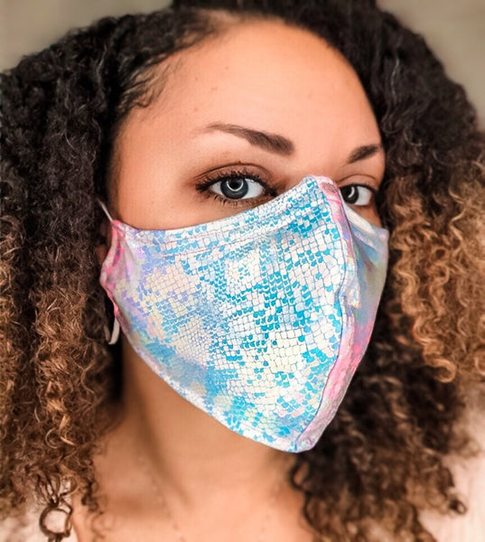 Cotton 3 Layer Pink and Blue Snake Skin Face Masks with removable nose wire and Filter Pocket, Snake skin mask, tie dye mask, fashion mask