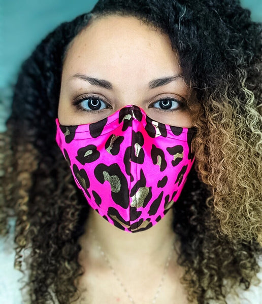 Neon Pink Metallic Gold Leopard Print 3 Layer Face Masks with removable nose wire and Filter Pocket, Fashion Mask, leopard print mask