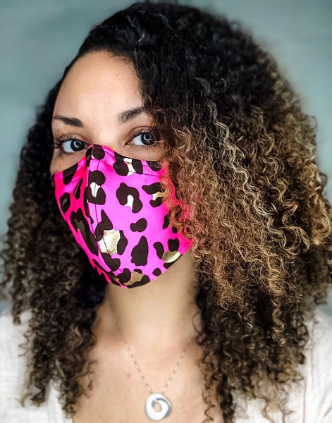 Neon Pink Metallic Gold Leopard Print 3 Layer Face Masks with removable nose wire and Filter Pocket, Fashion Mask, leopard print mask