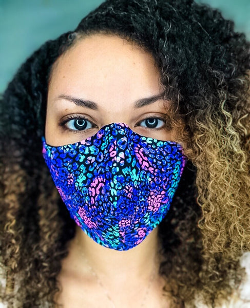 Purple and Blue Tie Dye Abstract Cheetah Print 3 Layer Face Masks with removable nose wire and Filter Pocket, Cheetah Print Mask