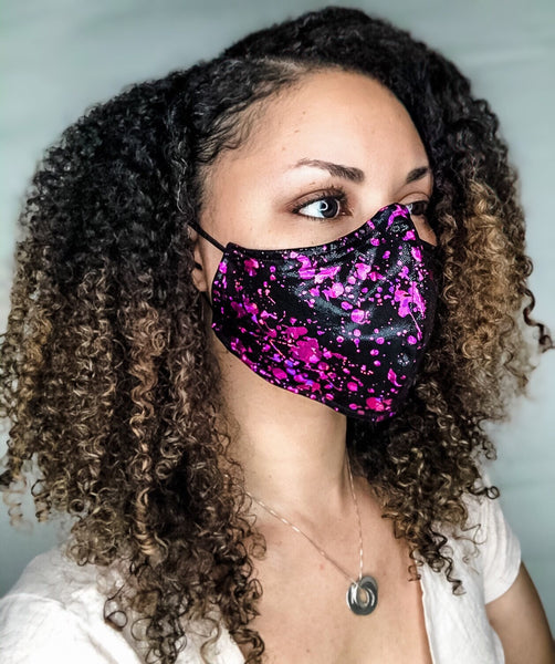 Pink Foil Metallic Paint Splatter Print 3 Layer Face Masks with removable nose wire and Filter Pocket, Paint Splatter Mask, Unique Mask