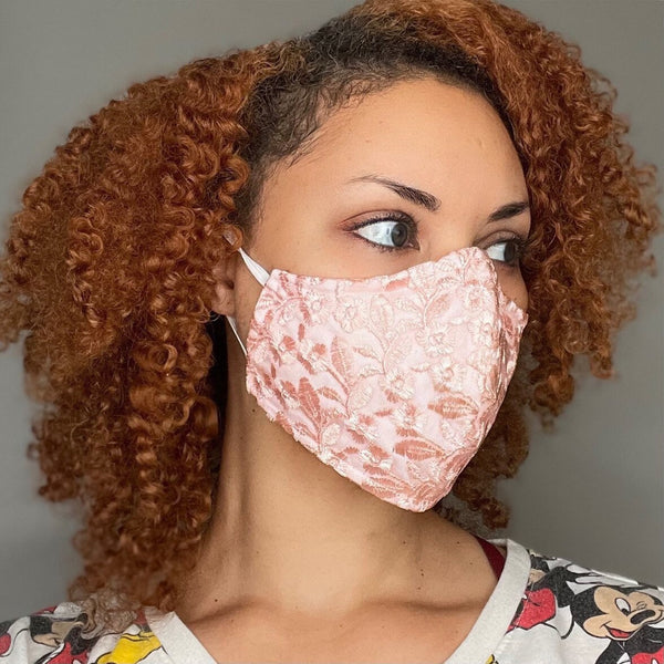 4 layer Pink Floral Lace Print Face Masks with removable nose wire and Filter Pocket