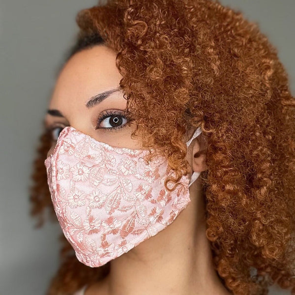 4 layer Pink Floral Lace Print Face Masks with removable nose wire and Filter Pocket