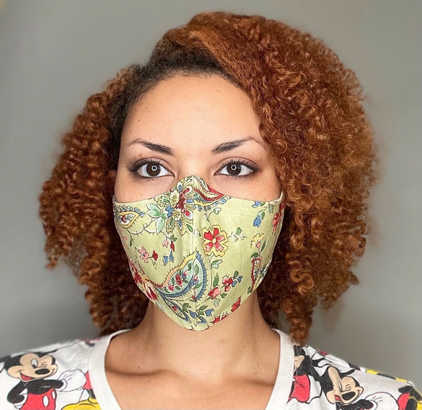 100% Cotton 3 Layer Sage Green Floral Print Face Masks with removable nose wire and Filter Pocket, Green Mask, Floral Mask, gift