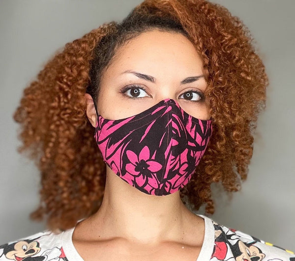 100% Cotton 3 Black and Hot Pink Floral Print Face Masks with removable nose wire and Filter Pocket