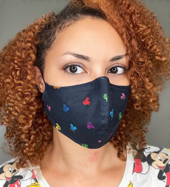 100% Cotton 3 Layer Navy Multi. Colored Mouse Licensed Fabric Face Masks with removable nose wire and Filter Pocket