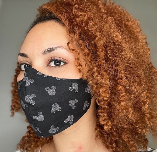 100% Cotton 3 Layer Black and White Mouse Licensed Fabric Face Masks with removable nose wire and Filter Pocket, Mask