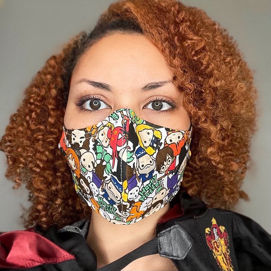 100% Cotton 3 Layer Anime Wizard Inspired Print face mask made with licensed Harry Potter fabric with removable nose wire and Filter Pocket