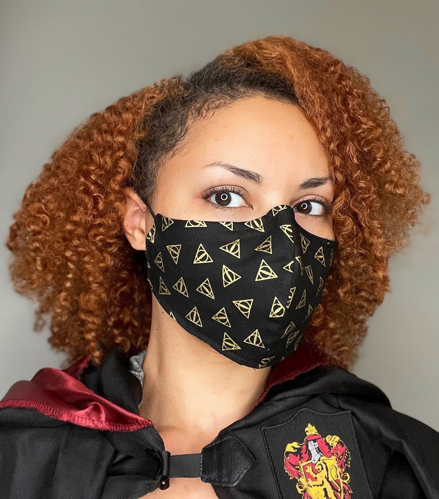 100% Cotton 3 Layer Deathly Triangle Print face mask made with licensed Harry Potter fabric with removable nose wire and Filter Pocket
