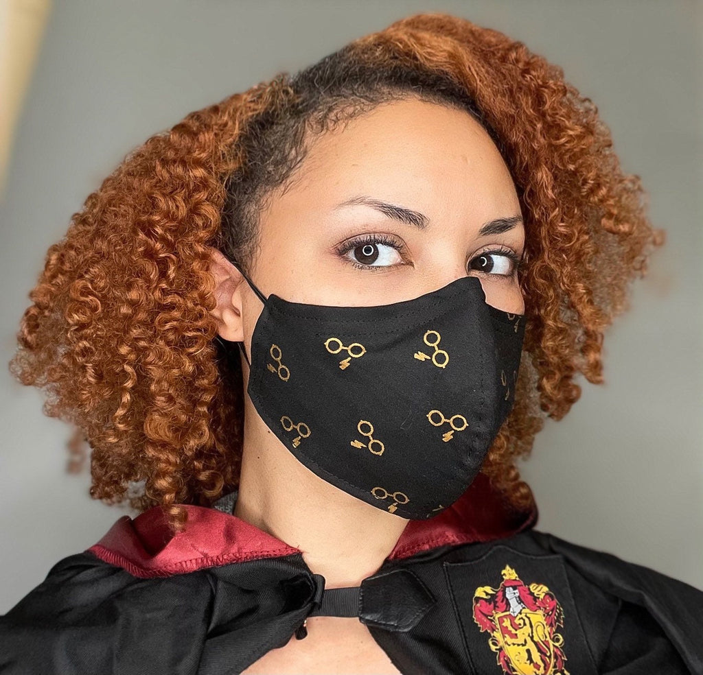 100% Cotton 3 Layer Black & Gold Glasses/lighting Face Mask Made with Licensed Harry Potter Fabric