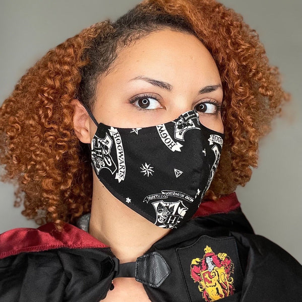 100% Cotton 3 Layer Black & White House Emblem Face Mask Made with Licensed Harry Potter Fabric